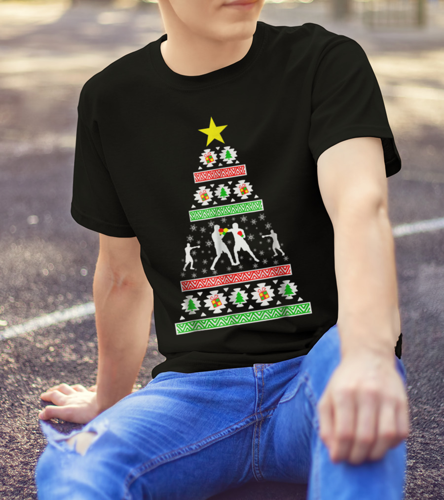 Boxing Ugly Christmas Tree With Boxer Silhouettes For Son Or Dad T-Shirt