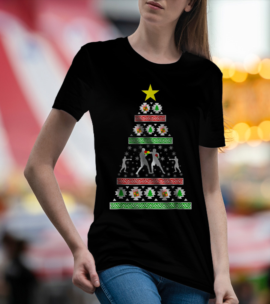 Boxing Ugly Christmas Tree With Boxer Silhouettes For Son Or Dad T-Shirt