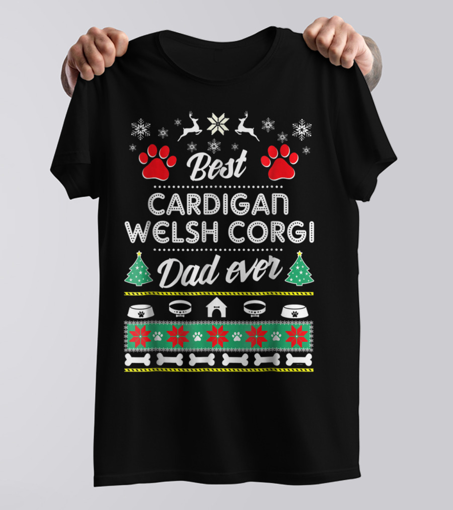 Best Cardigan Welsh Corgi Dad Ever Christmas Paw Prints Snowflakes T-Shirt