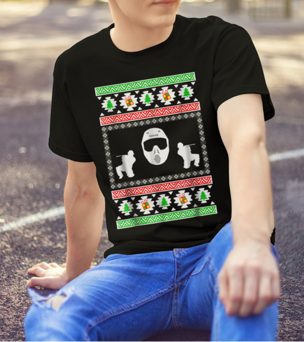 Airsoft Player Ugly Christmas Mask Trees Gifts Merry Holiday T-Shirt