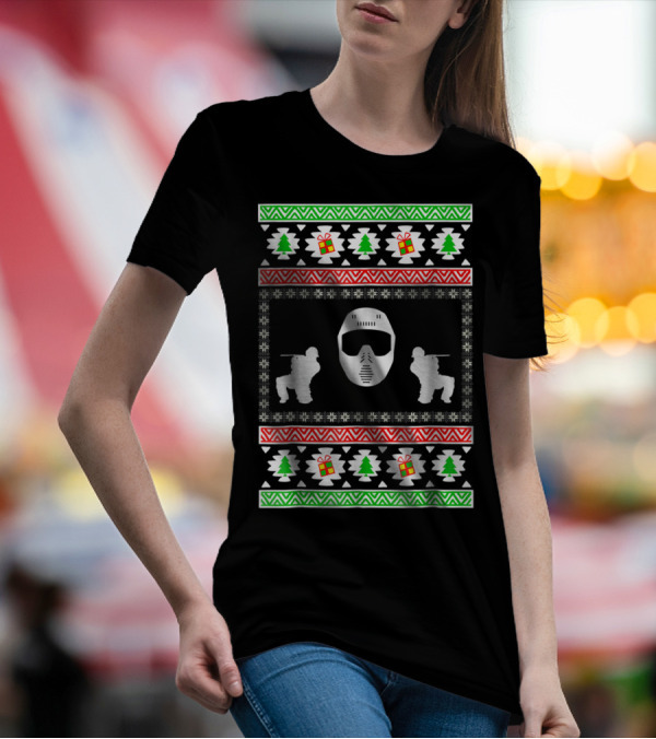 Airsoft Player Ugly Christmas Mask Trees Gifts Merry Holiday T-Shirt