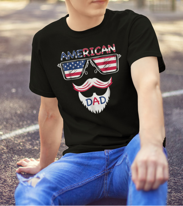 AMERICAN DAD Patriotic 4th Of July Funny Cool Glasses Moustache Beard T-Shirt
