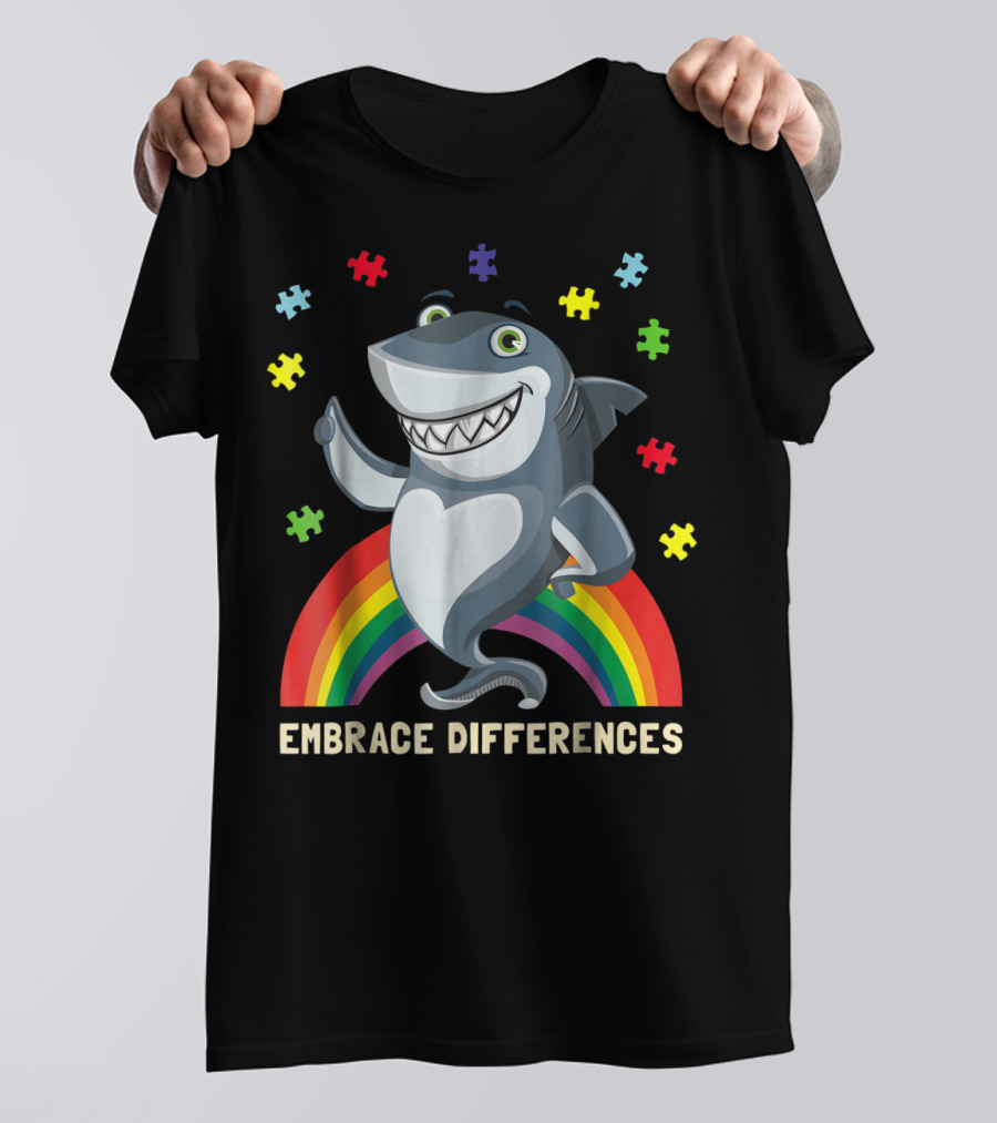 Embrace Differences Autism Awareness Kids Dad Shark Puzzle Piece Rainbow T-Shirt