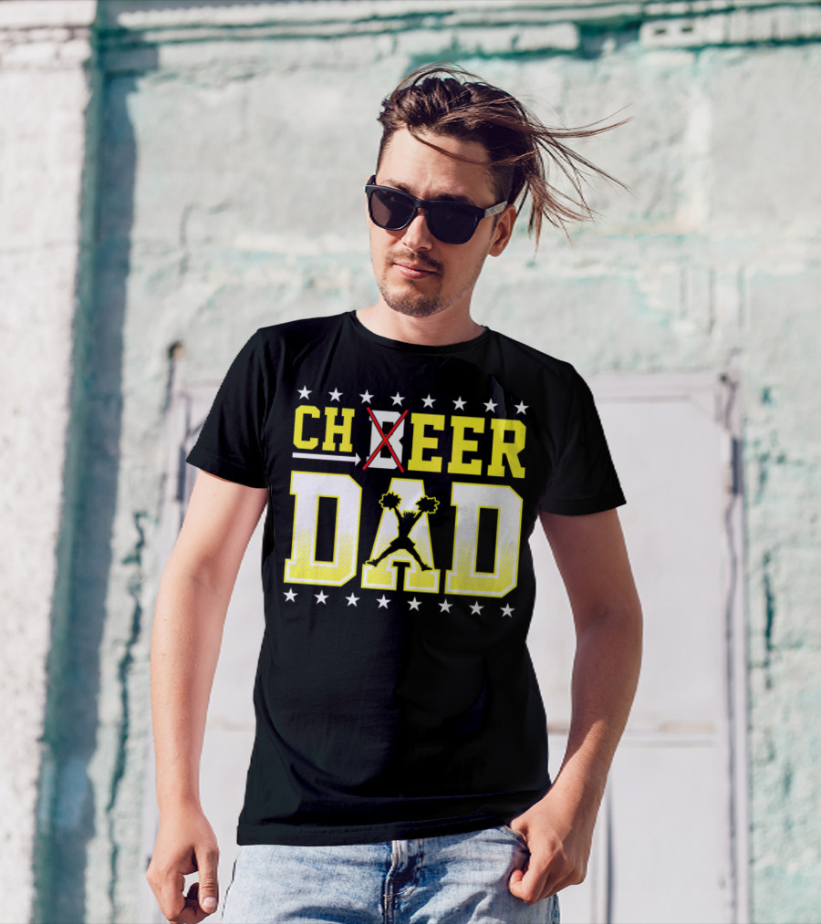 Cheer Dad Beer Dad Bold Text Stars Pom-Pom T-Shirt