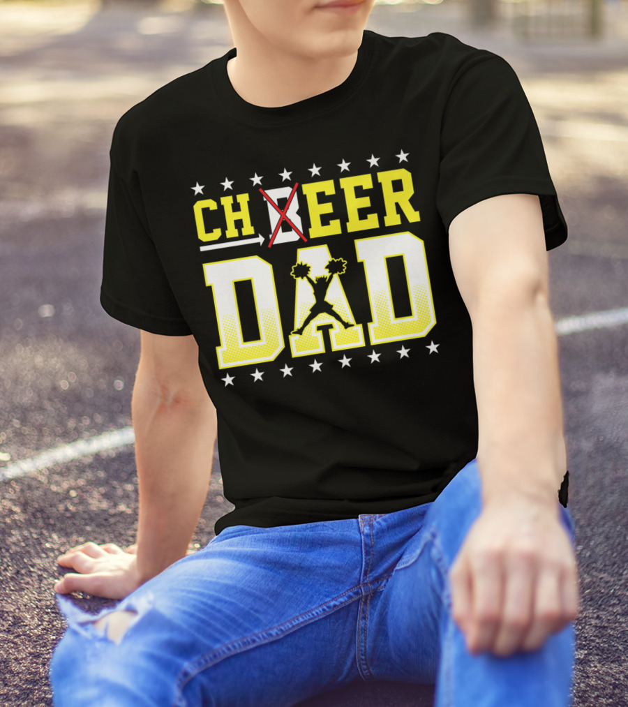 Cheer Dad Beer Dad Bold Text Stars Pom-Pom T-Shirt