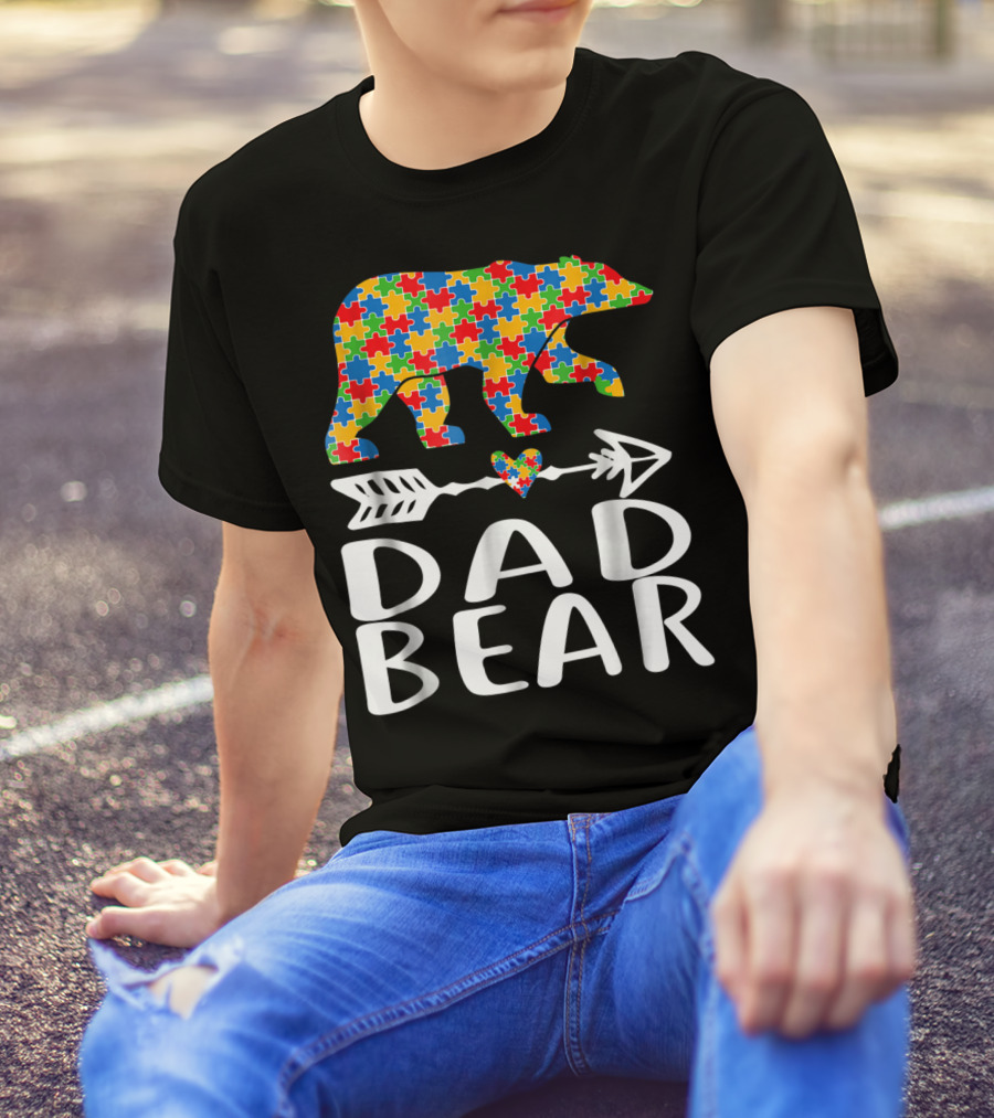 Autism Awareness Bear Puzzle Dad Arrow Heart Family T-Shirt