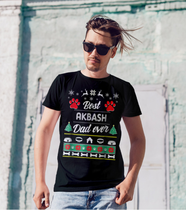 Best Akbash Dad Ever Christmas Snowflakes Reindeer Trees Paws Bones T-Shirt
