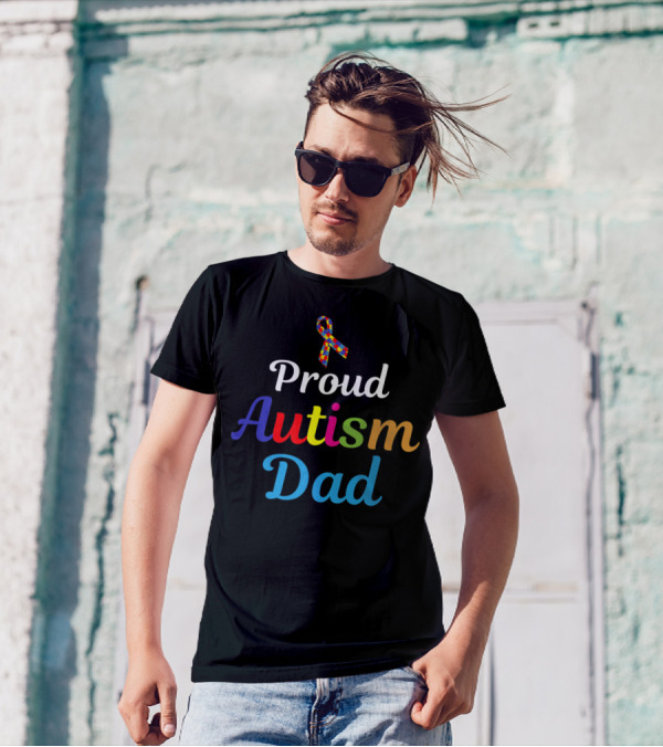Proud Autism Dad Colorful Puzzle Ribbon Support Grandpa Papa T-Shirt