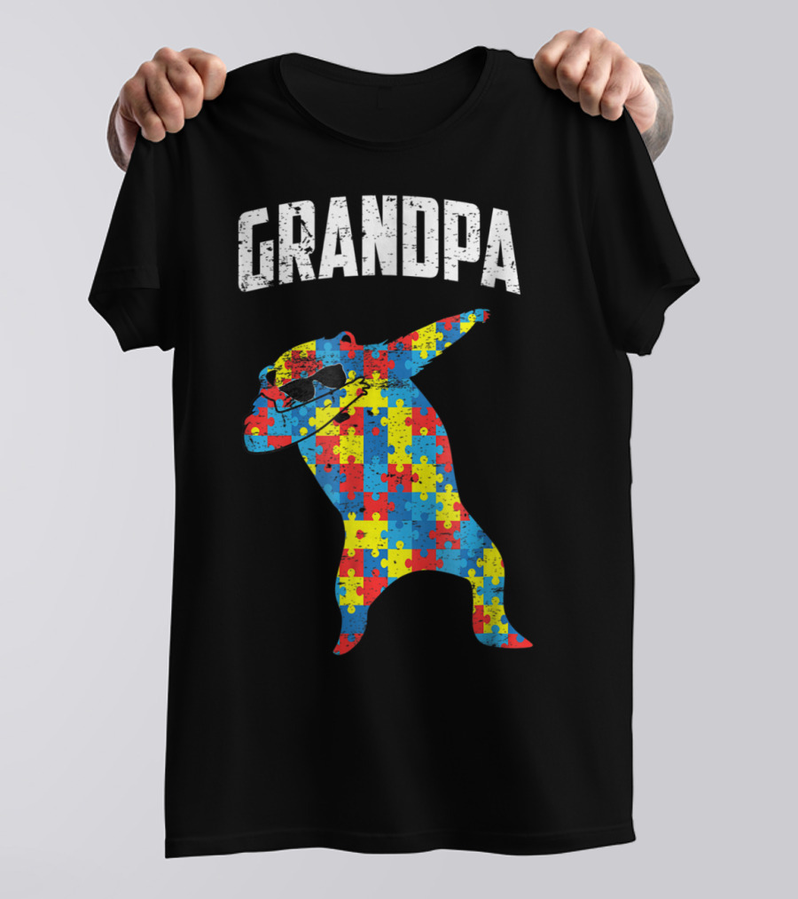 Grandpa Autism Bear Dabbing Puzzle Glasses T-Shirt
