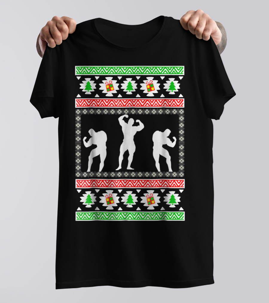 Bodybuilding Christmas Silhouette Trees And Gifts T-Shirt