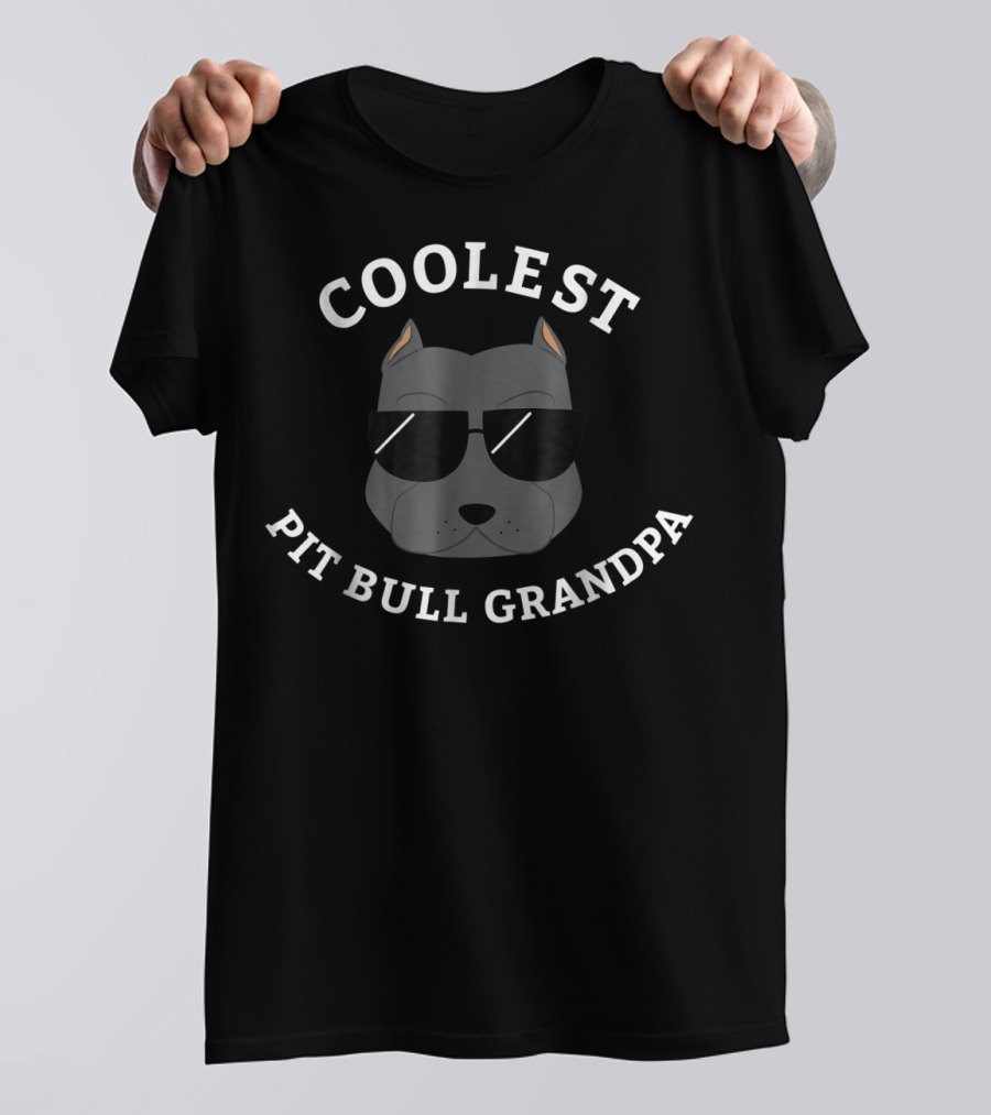 Coolest Pit Bull Grandpa With Gray Dog Cartoon Wearing Sunglasses T-Shirt