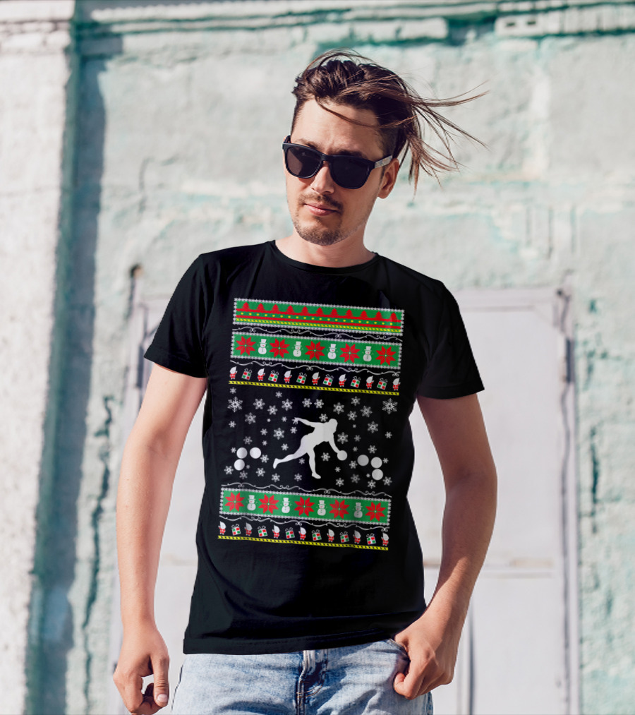 Bocce Ball Ugly Christmas Sweater Themed Dad25 Holiday Snowflakes And Presents T-Shirt
