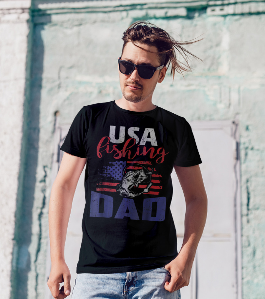 USA Fishing Dad American Flag Bass Fish T-Shirt