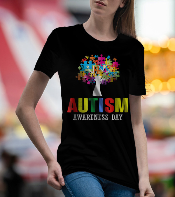 Autism Awareness Day Colorful Puzzle Tree T-Shirt