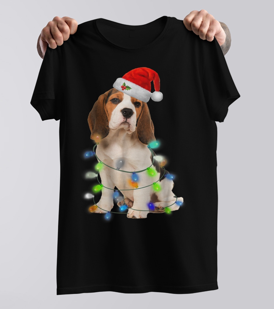 Beagle Wrapped In Christmas Lights With Santa Hat For Mom Women Girl T-Shirt