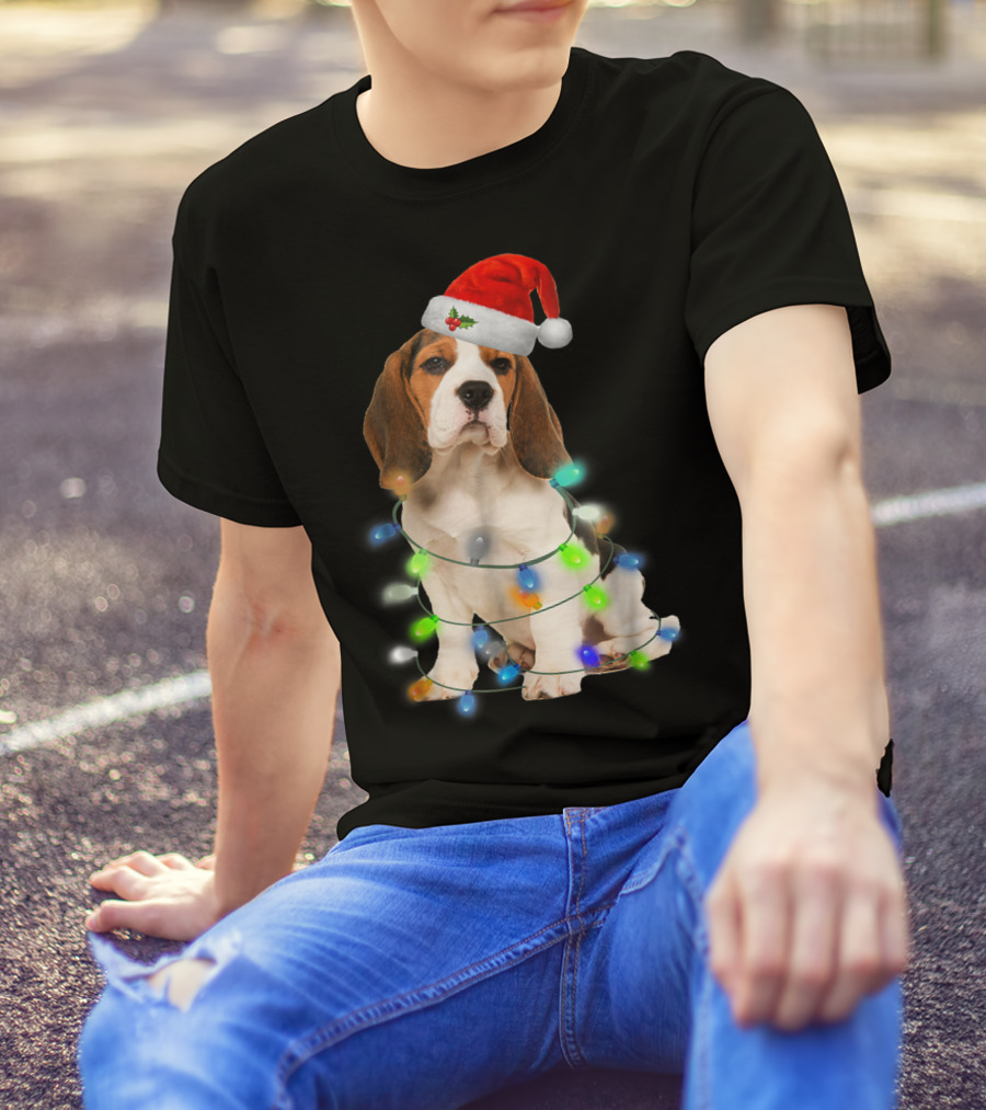 Beagle Wrapped In Christmas Lights With Santa Hat For Mom Women Girl T-Shirt