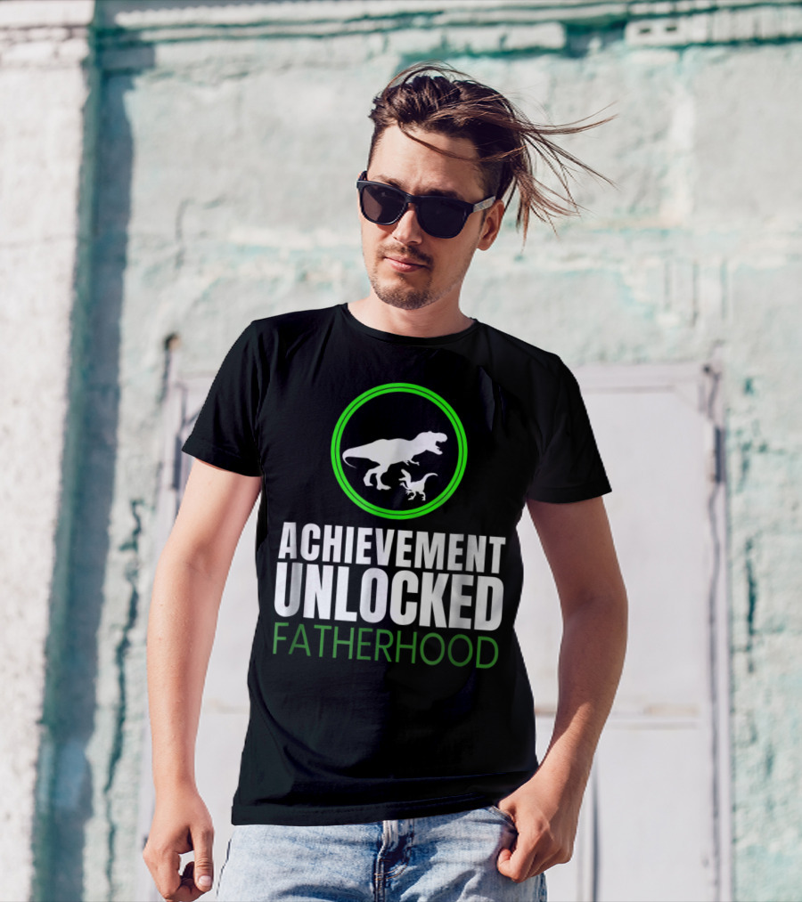 Achievement Unlocked Fatherhood Dinosaur Gaming First Time Dad T-Shirt