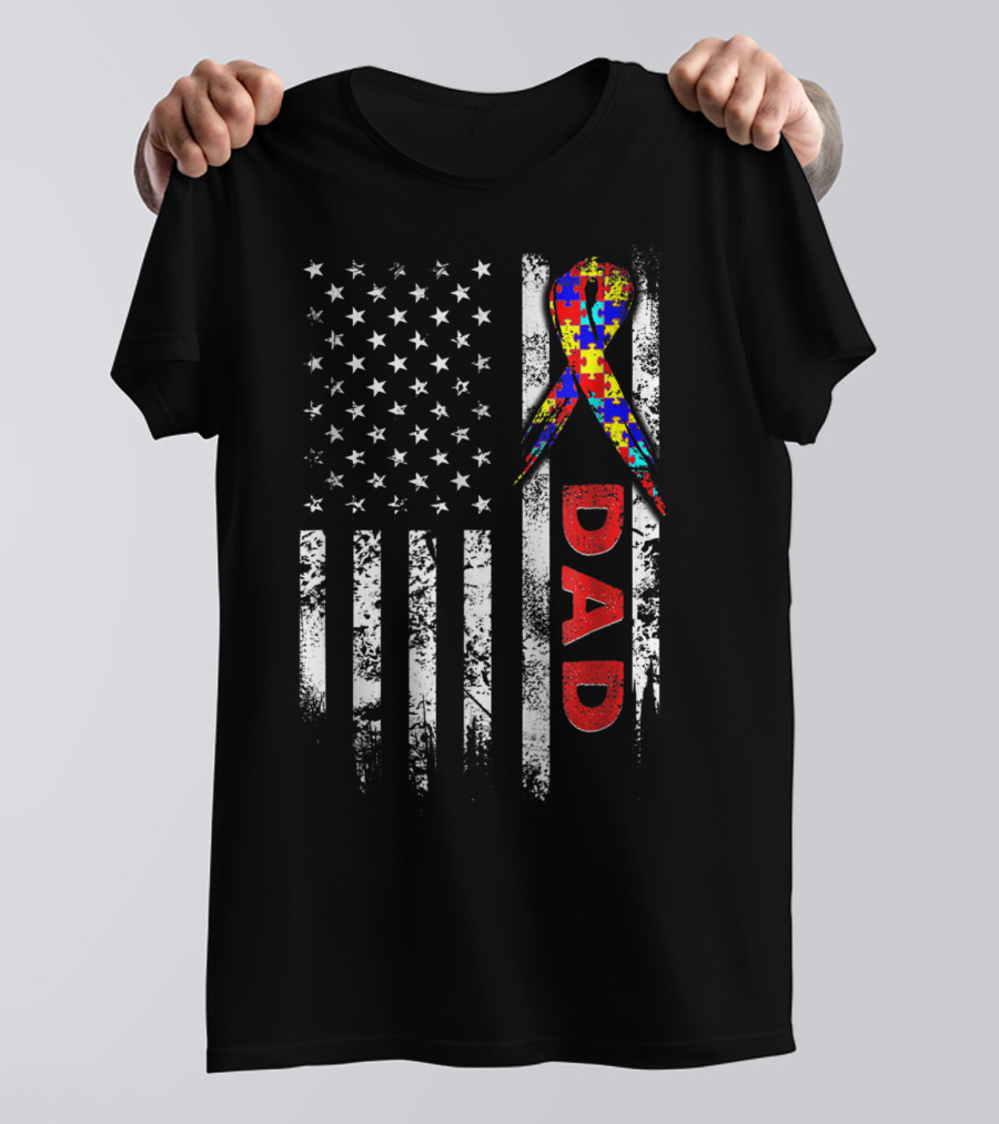 Autism Awareness American Flag Dad Ribbon Puzzle T-Shirt
