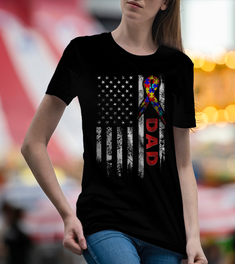 Autism Awareness American Flag Dad Ribbon Puzzle T-Shirt
