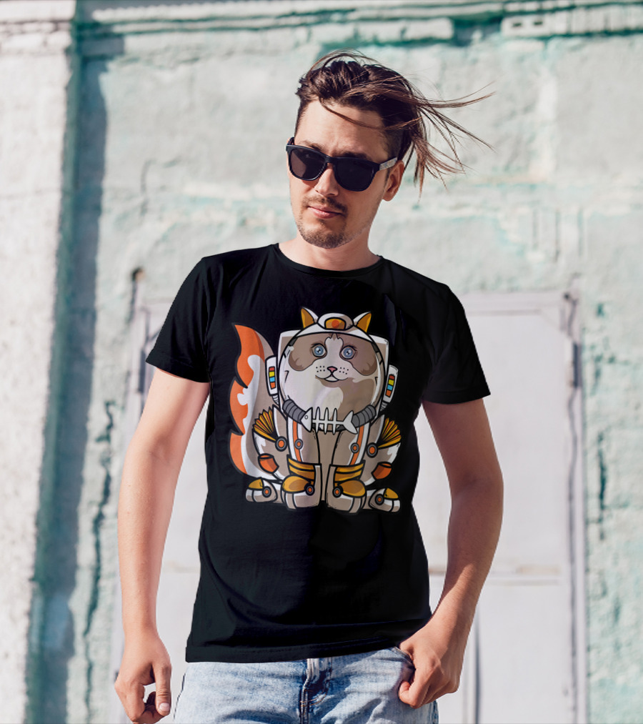Christmas Space Ragdoll Suit Cat Astronaut With Fish Bone Helmet T-Shirt