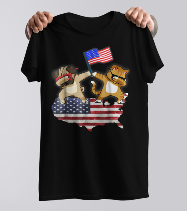 Dad Joke Loading Patriotic Pug And Cat Dabbing With American Flag USA Map T-Shirt