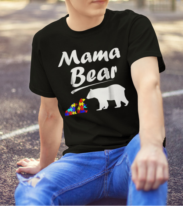 Mama Bear Autism Awareness Mom With Two Puzzle Piece Cubs T-Shirt