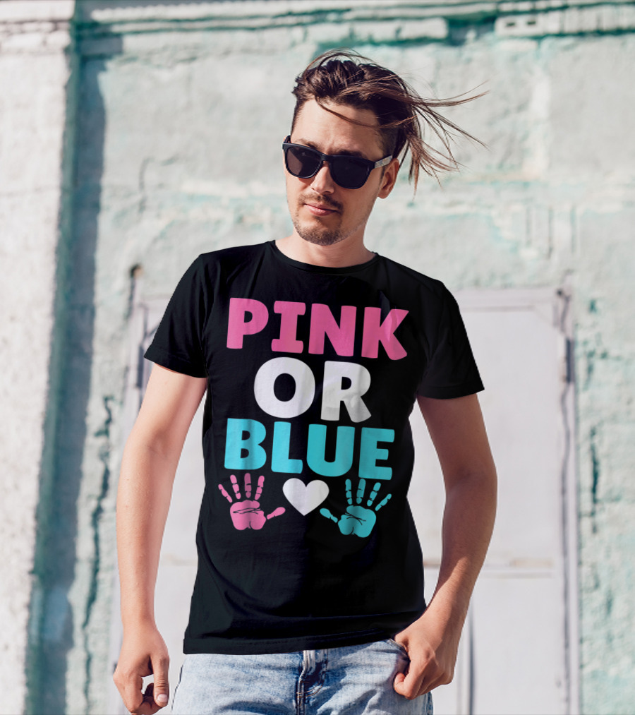 Pink Or Blue Cute Baby Gender Reveal Mom And Dad Handprint Heart T-Shirt