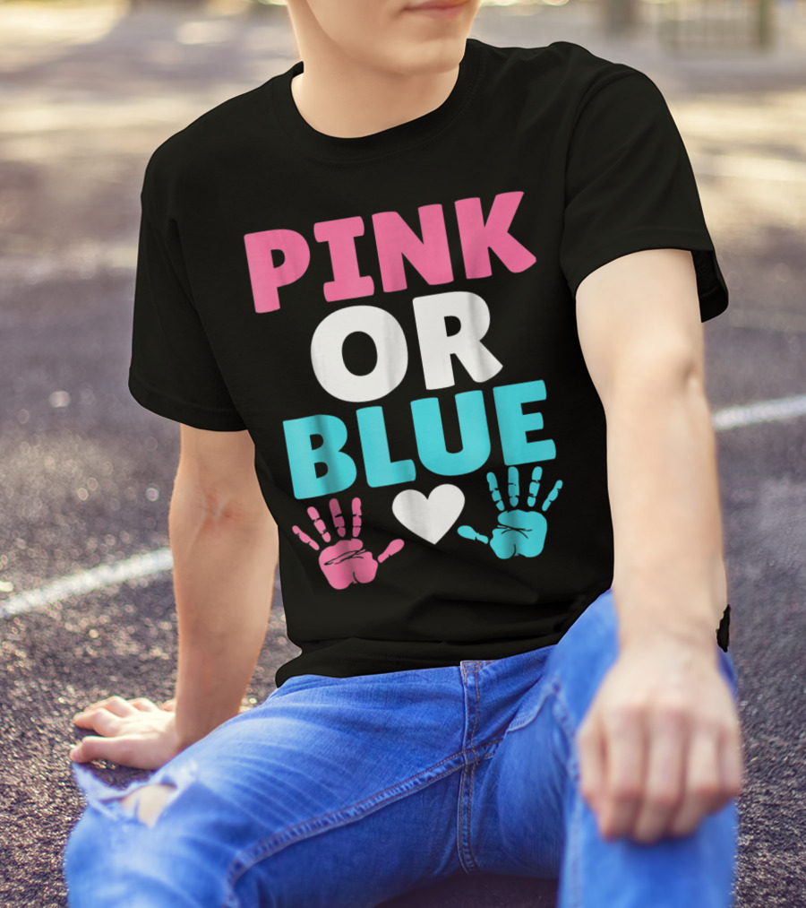 Pink Or Blue Cute Baby Gender Reveal Mom And Dad Handprint Heart T-Shirt