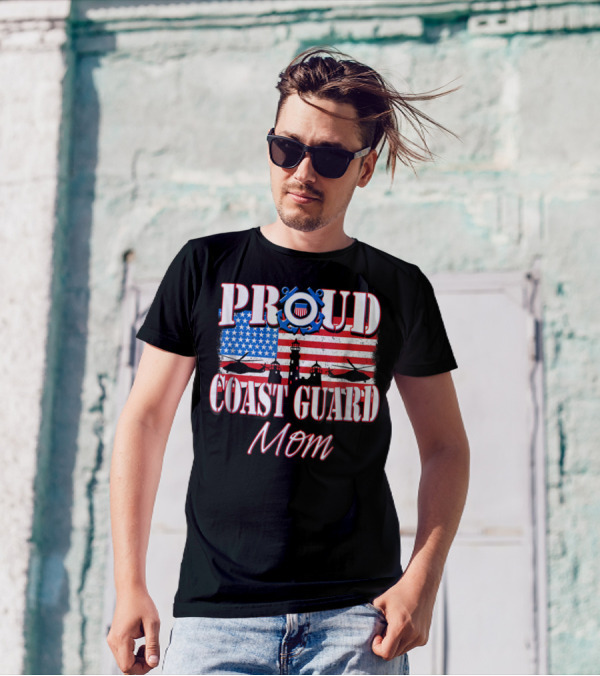 Proud Coast Guard Mom USA Flag Helicopters Lighthouse T-Shirt