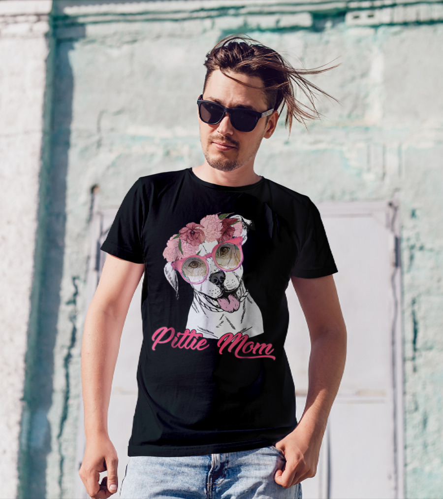 Pittie Mom With Flower Crown And Sunglasses Pitbull T-Shirt