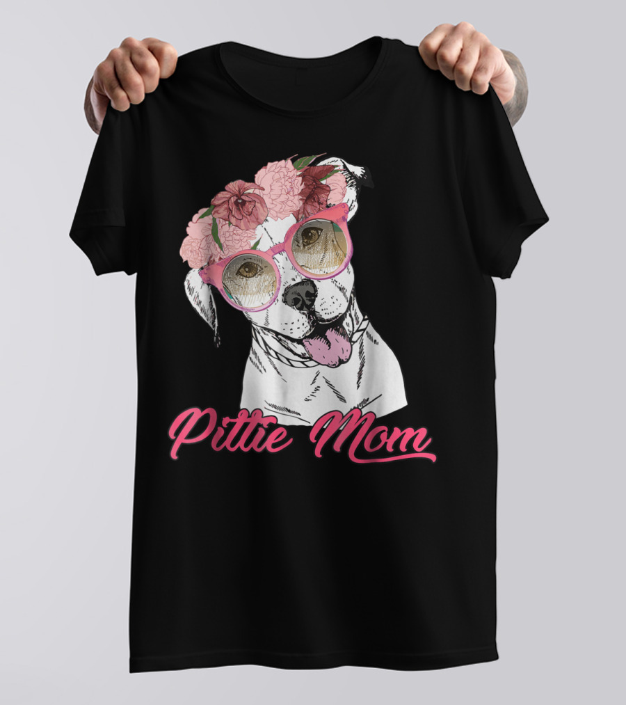 Pittie Mom With Flower Crown And Sunglasses Pitbull T-Shirt