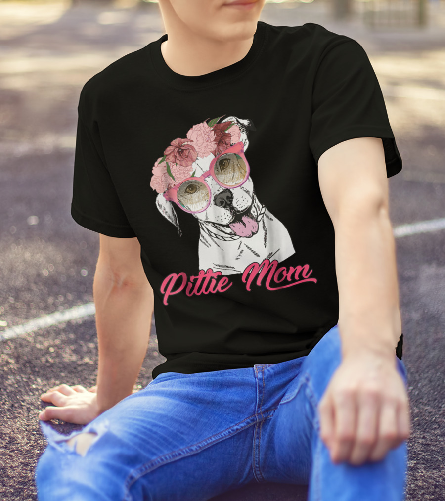 Pittie Mom With Flower Crown And Sunglasses Pitbull T-Shirt
