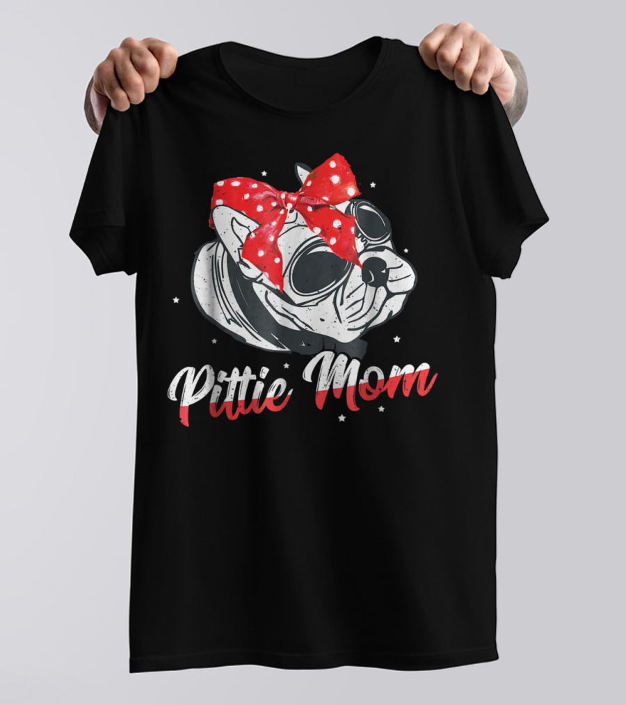 Pittie Mom American Pitbull Dog Lover Red Polka Dot Bow Glasses T-Shirt