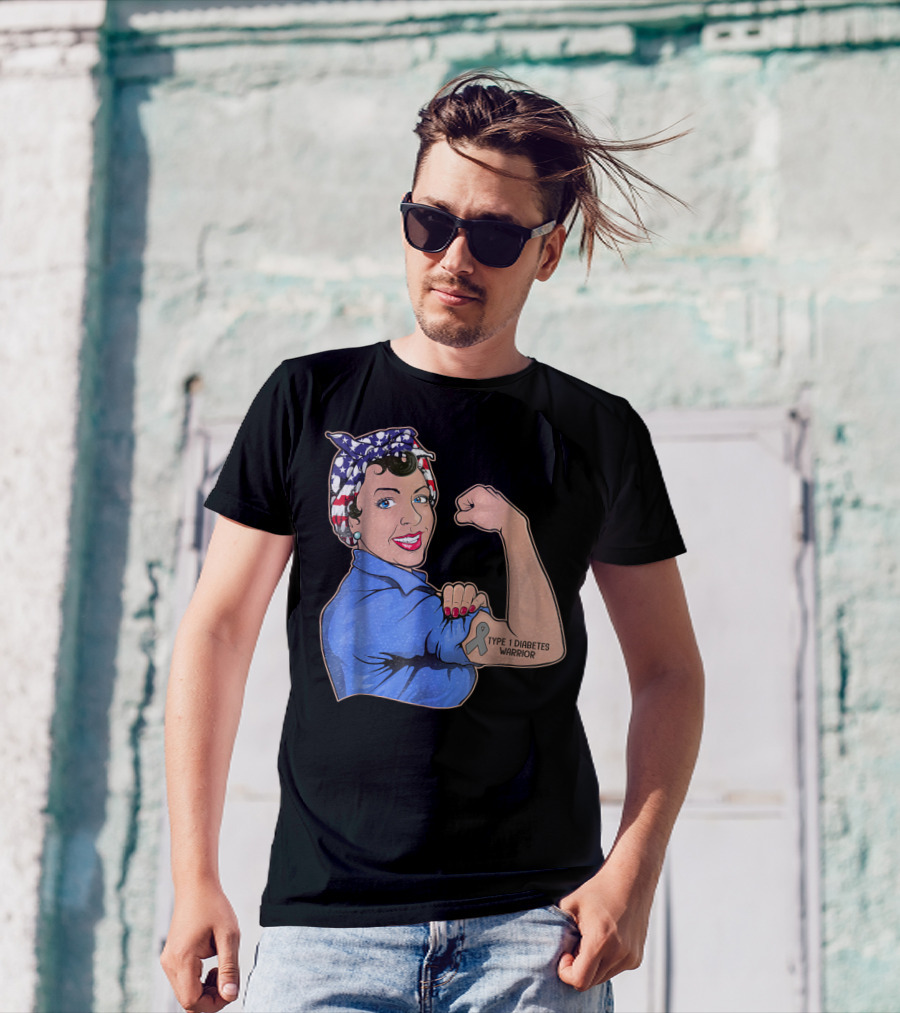 Type 1 Diabetes Warrior American Flag Rosie The Riveter Style Lady Girl35 T-Shirt