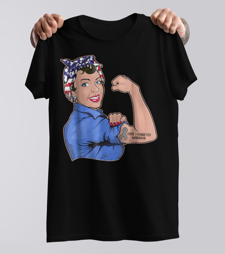 Type 1 Diabetes Warrior American Flag Rosie The Riveter Style Lady Girl35 T-Shirt