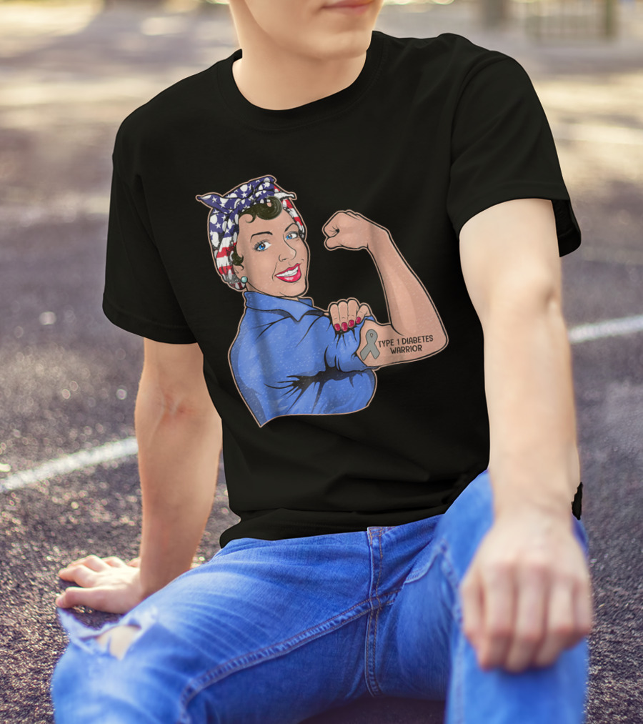 Type 1 Diabetes Warrior American Flag Rosie The Riveter Style Lady Girl35 T-Shirt