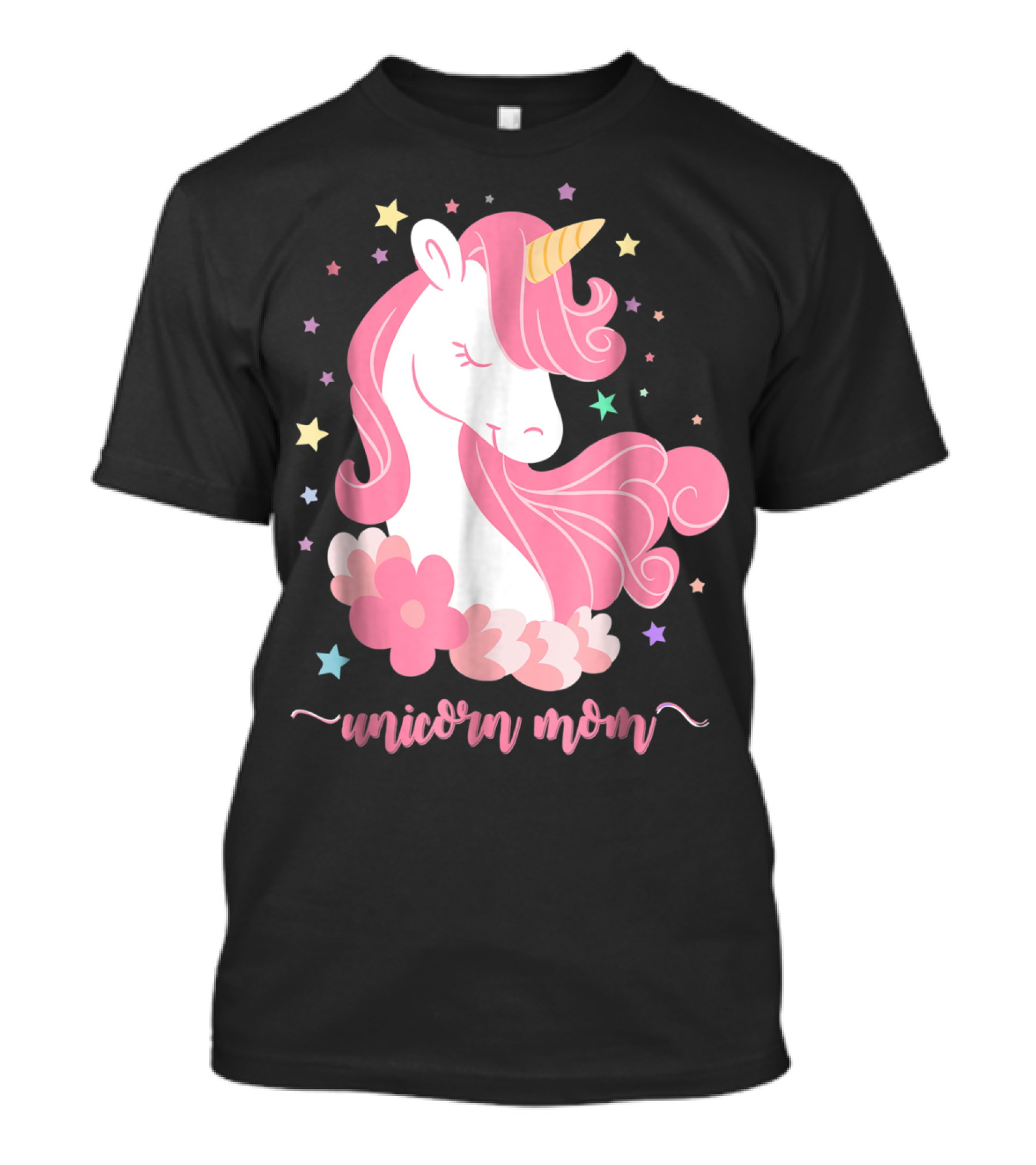 Unicorn Mom Pink Mane Stars Flowers T-Shirt