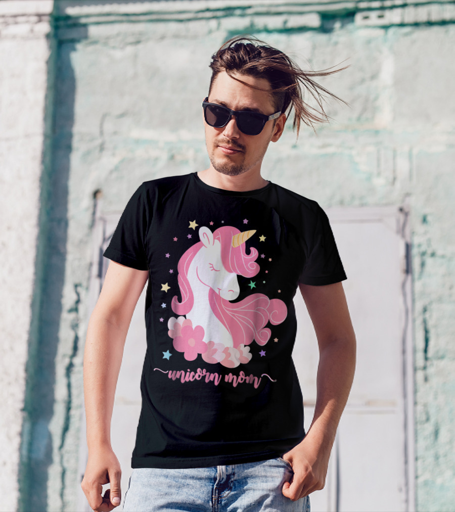 Unicorn Mom Pink Mane Stars Flowers T-Shirt
