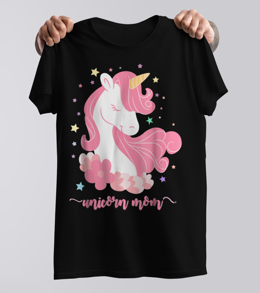Unicorn Mom Pink Mane Stars Flowers T-Shirt
