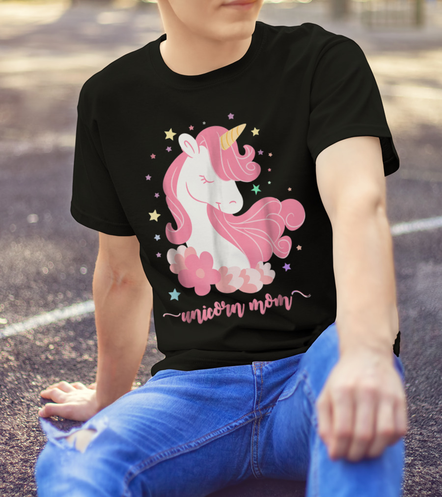 Unicorn Mom Pink Mane Stars Flowers T-Shirt