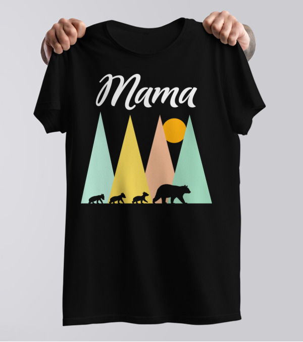 Mama Bear With Three Cubs Camping In The Mountains T-Shirt