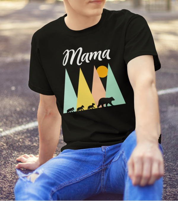 Mama Bear With Three Cubs Camping In The Mountains T-Shirt