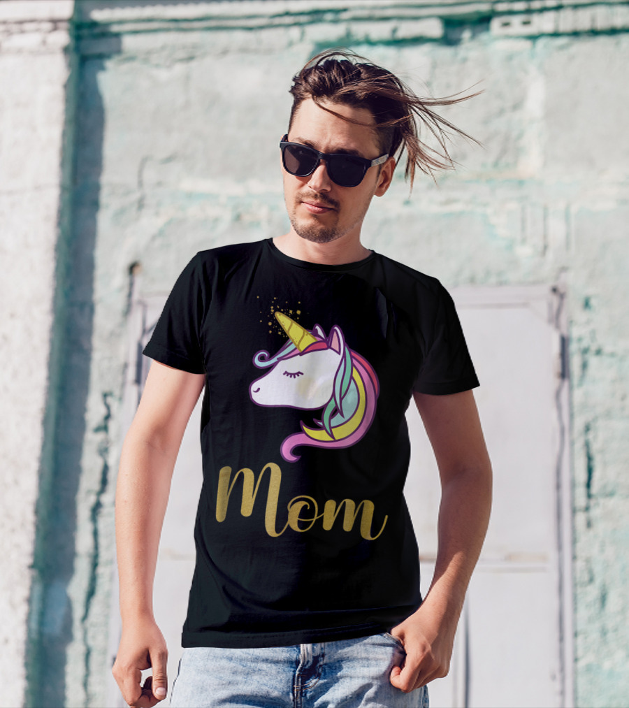 Unicorn Mom Of The Birthday Girl Rainbow Mane Gold Horn T-Shirt