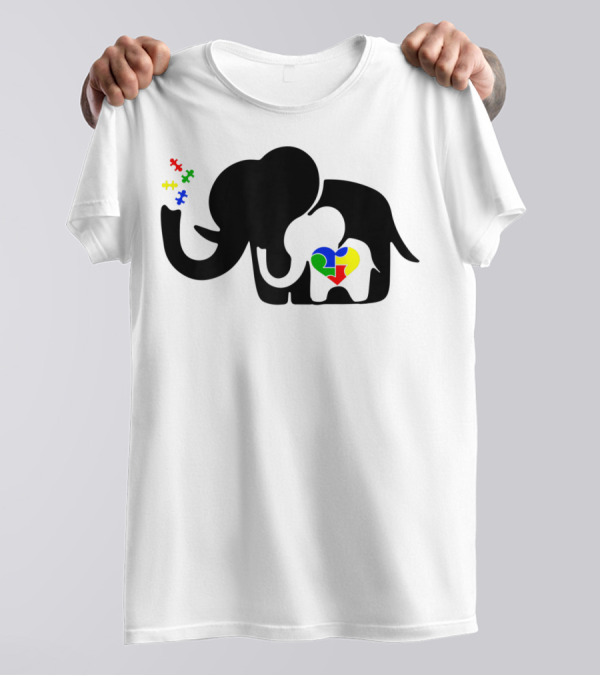 Autism Awareness Elephant With Puzzle Heart And Baby Elephant For Autism Mom T-Shirt