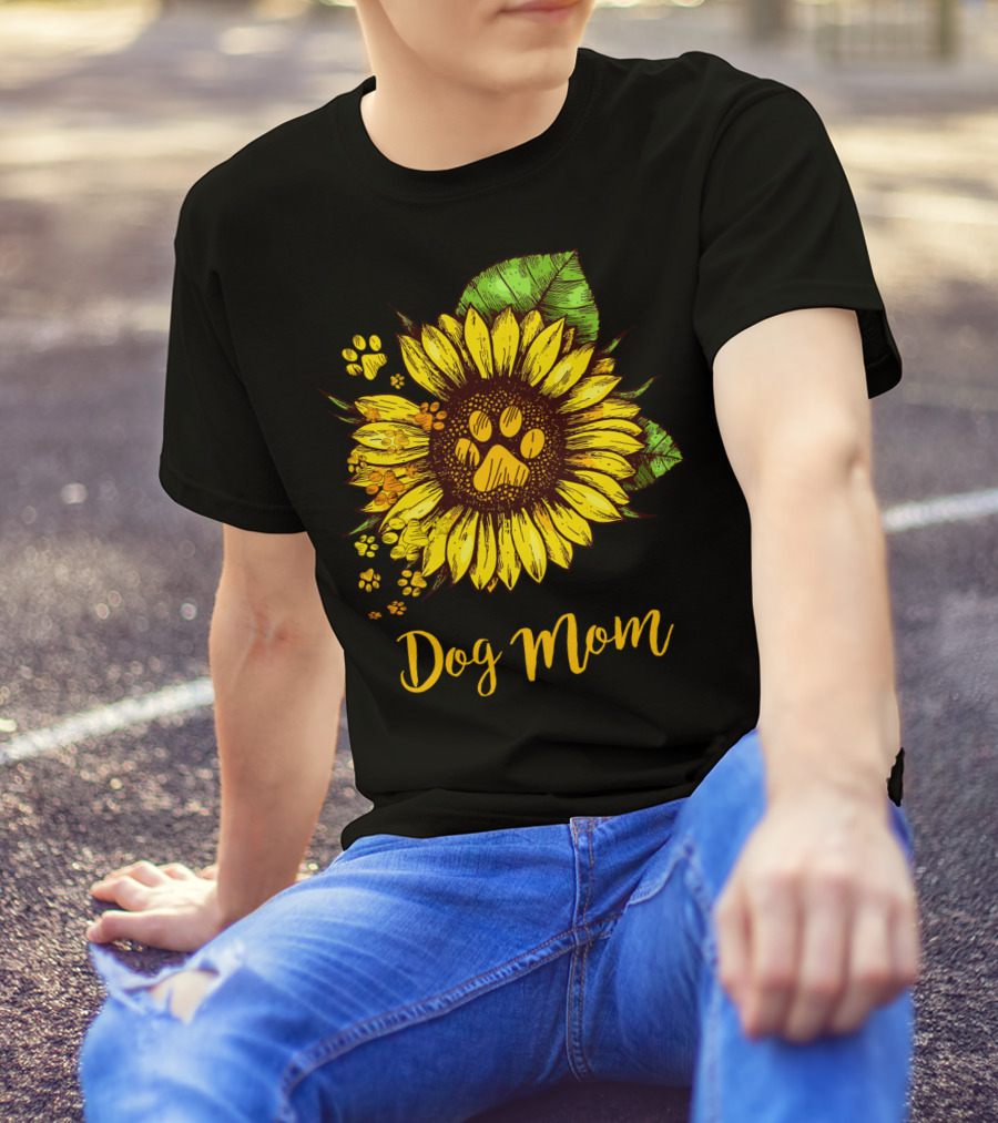 Dog Mom Sunflower With Dog Paw Prints T-Shirt