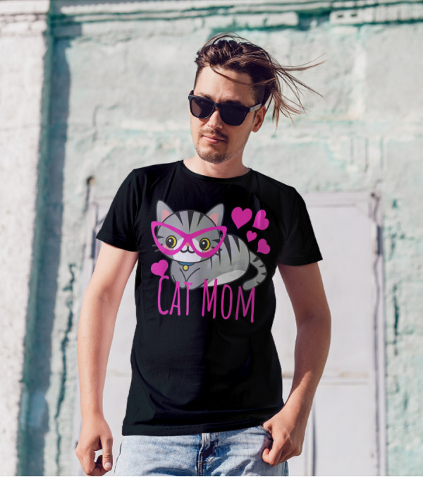 Cute Kawaii Cat Mom With Pink Glasses And Hearts T-Shirt