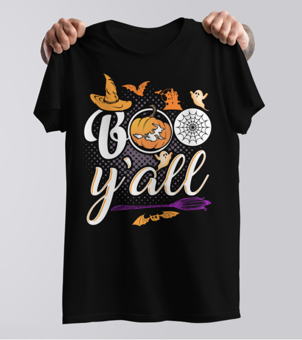 Boo Y'all Halloween Witch Hat Pumpkin Ghost Spiderweb Broomstick T-Shirt