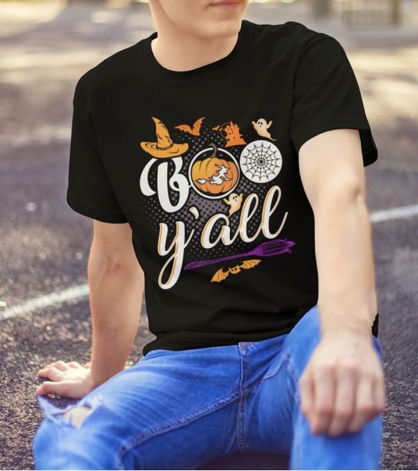 Boo Y'all Halloween Witch Hat Pumpkin Ghost Spiderweb Broomstick T-Shirt