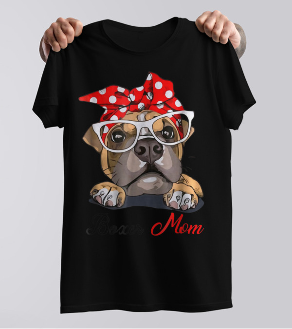 Boxer Mom Funny Boxer Dog With Glasses And Red Polka Dot Bandana T-Shirt