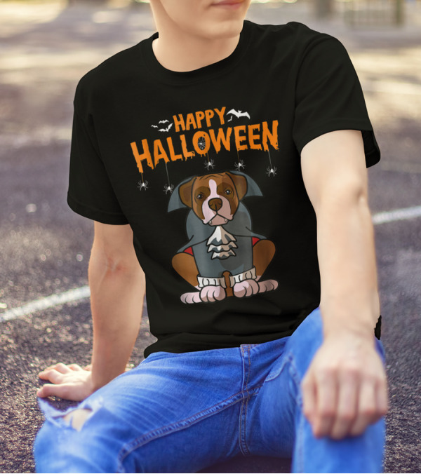 Happy Halloween Funny Boxer Dog Costume With Bats And Spiders T-Shirt